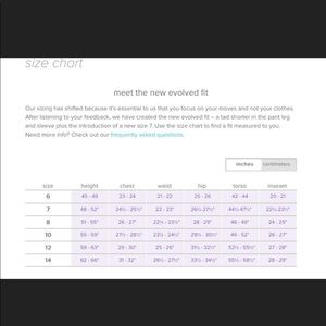 Size chart of Lululemon and ivivvia